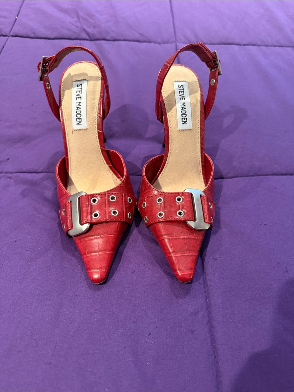 Steve Madden Red Pointed Slingback Heels with Buckle Accent